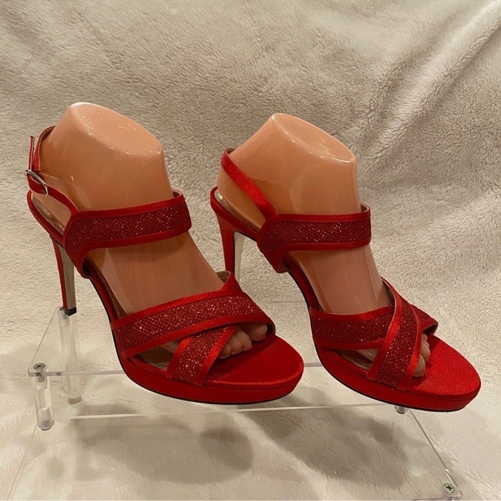 Adrianna Papell Red Satin Glitter‎ Platform Sandals Heels Mens 10M EUR 40